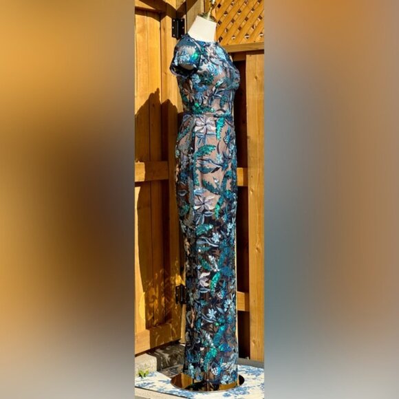 🆕BRONX & BANCO🧿NWOT Zinnia Side-Split Sequin Embroidered Gown, Navy, Sz XS US2 - Picture 9 of 14